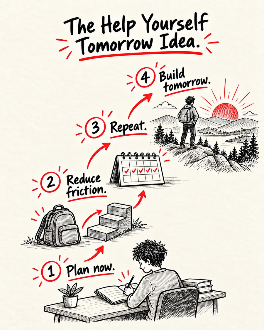 Illustration from the book: a four-step path. 1, plan now. 2, reduce friction. 3, repeat. 4, build tomorrow.
